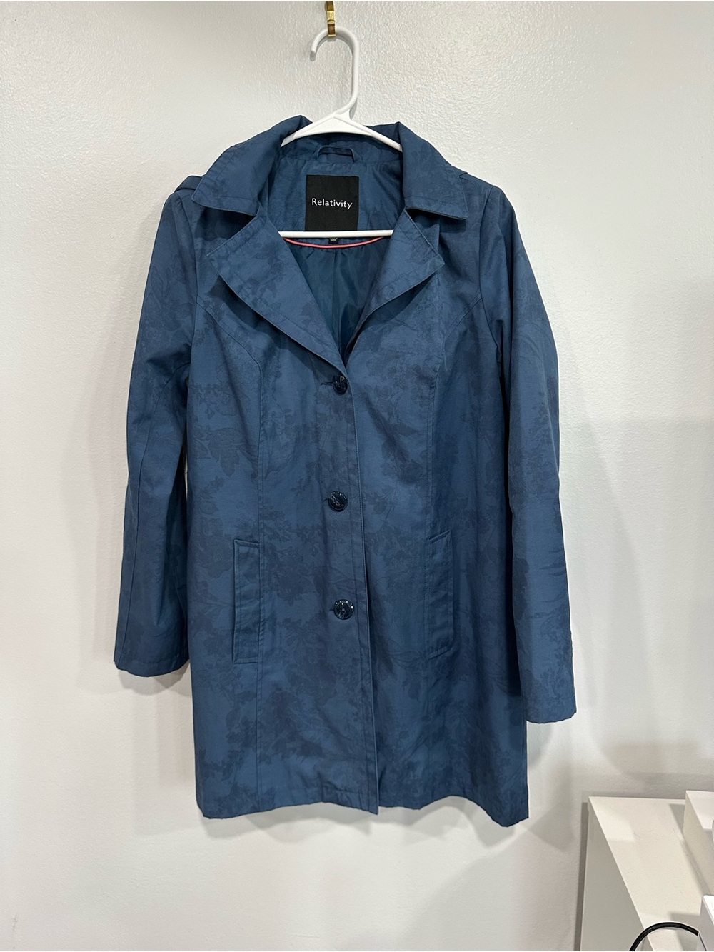 Relativity Deep Navy Floral-Texture Trench Coat
